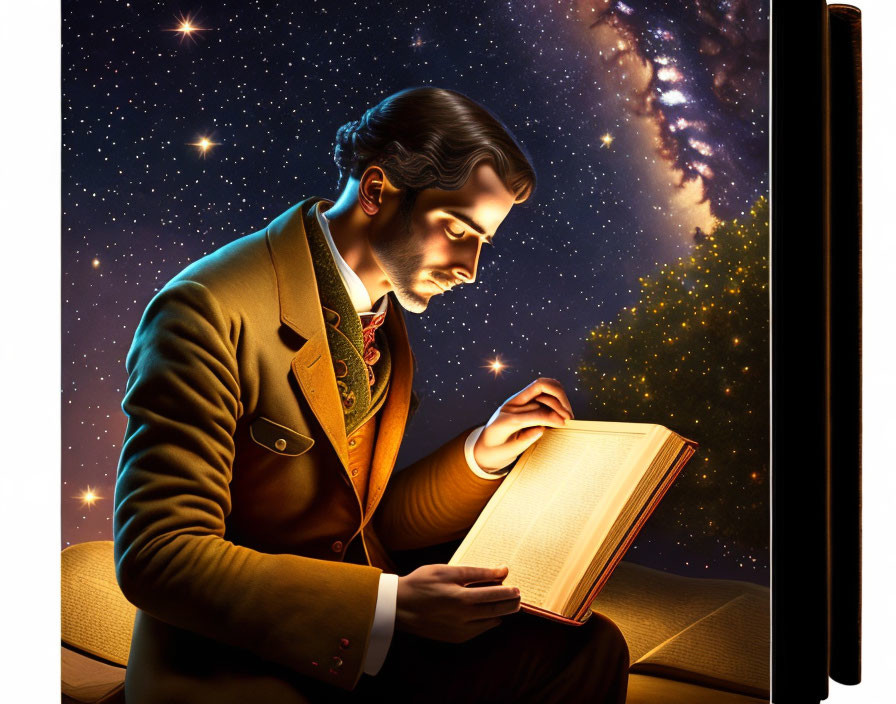 Illustrated man in vintage suit reading glowing book under cosmic starry sky