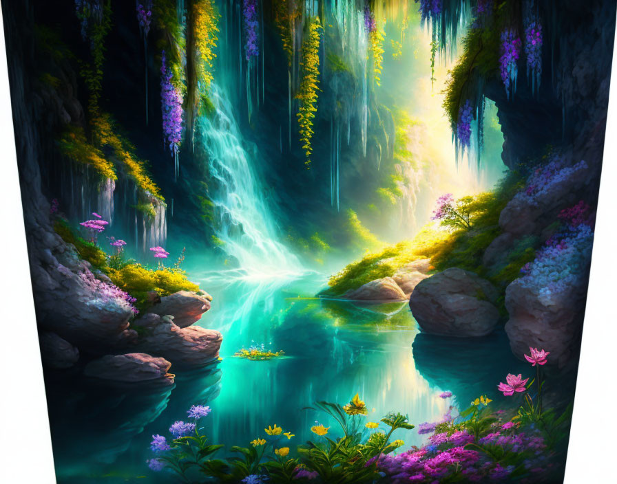 Ethereal digital artwork: Hidden waterfall oasis with vibrant flora