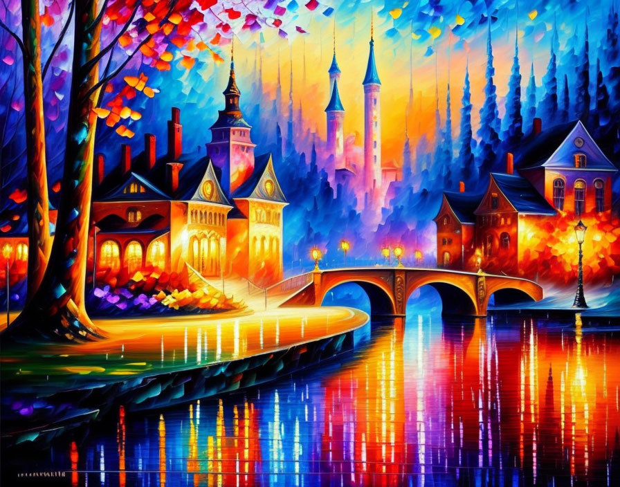 Colorful painting of magical town with illuminated buildings, river, bridge, and castle under twilight sky