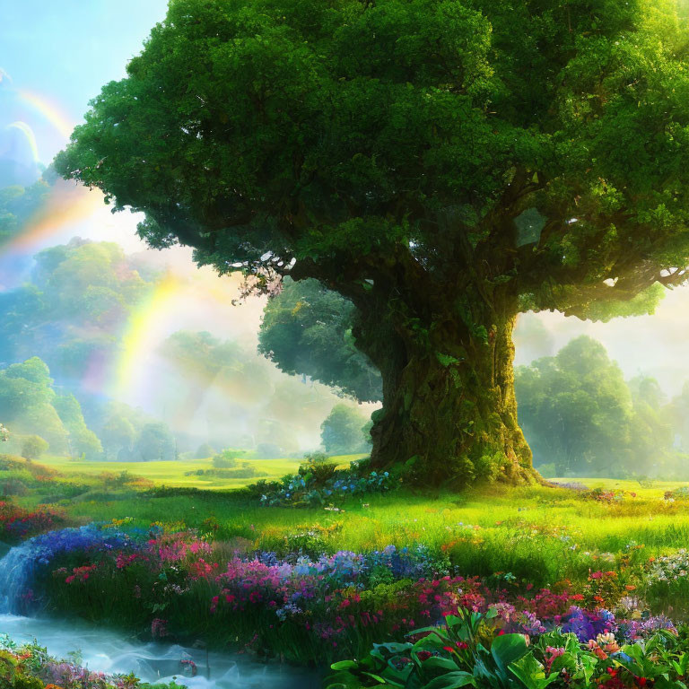 Majestic tree in vibrant landscape with rainbow, flowers, and stream