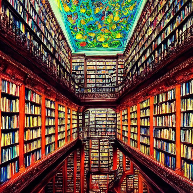 Colorful Library with Floor-to-Ceiling Bookshelves & Artistic Ceiling