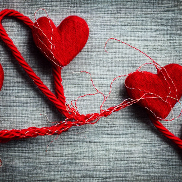 Red Fabric Hearts Connected by Thread on Gray Textured Background