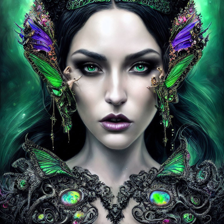 Woman with Striking Green Eyes in Butterfly Accessories and Dark Attire