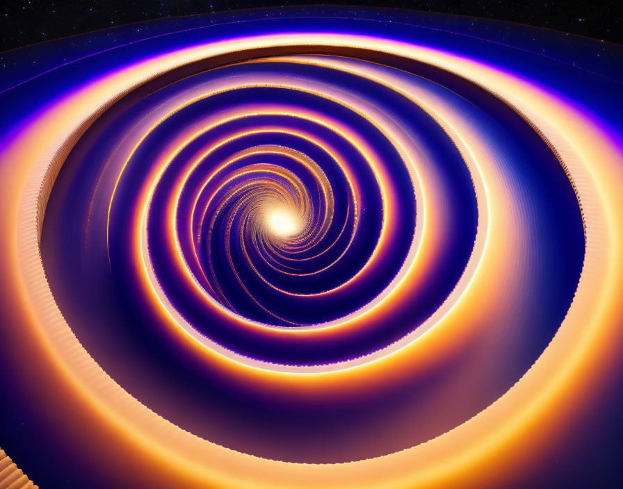 Colorful concentric circles forming digital spiral vortex on starry night sky.