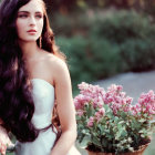 Long-haired woman in white dress holding bouquet against soft-focus background