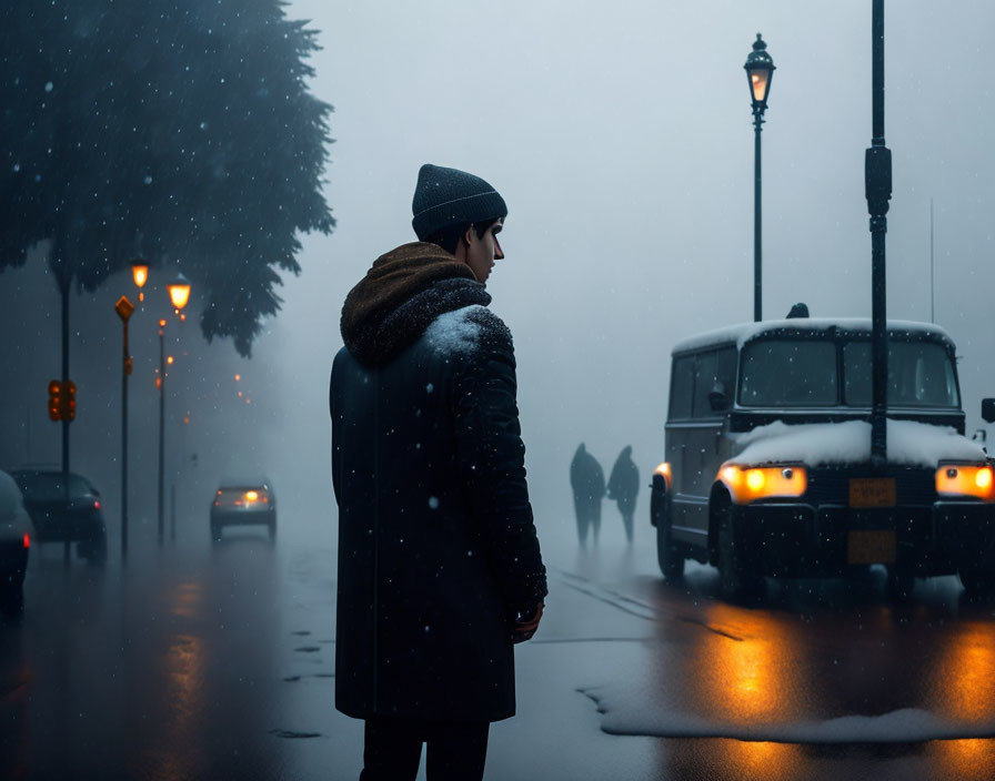 Person standing on snowy street with vehicles and lampposts in misty backdrop