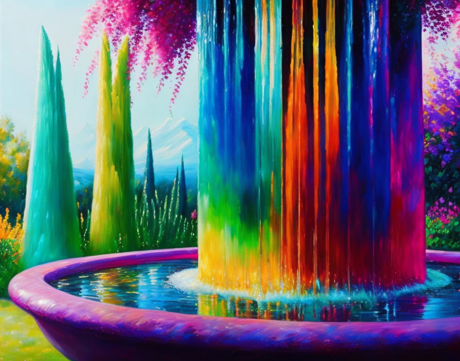 Colorful Waterfall Painting with Flora and Mountains