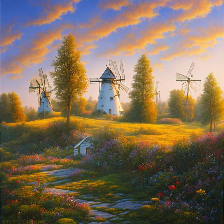 Traditional windmills in vibrant landscape with wildflowers at sunrise