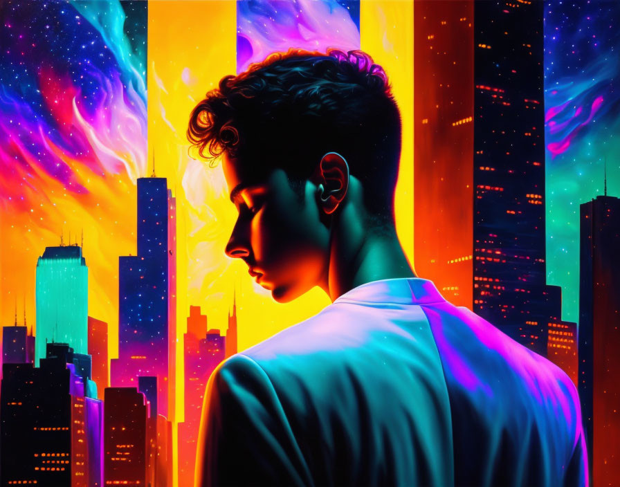 Portrait against vibrant cosmic cityscape with neon colors blending into starry sky