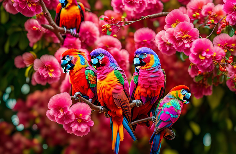 Four Colorful Parrots Perched Among Pink Blossoms