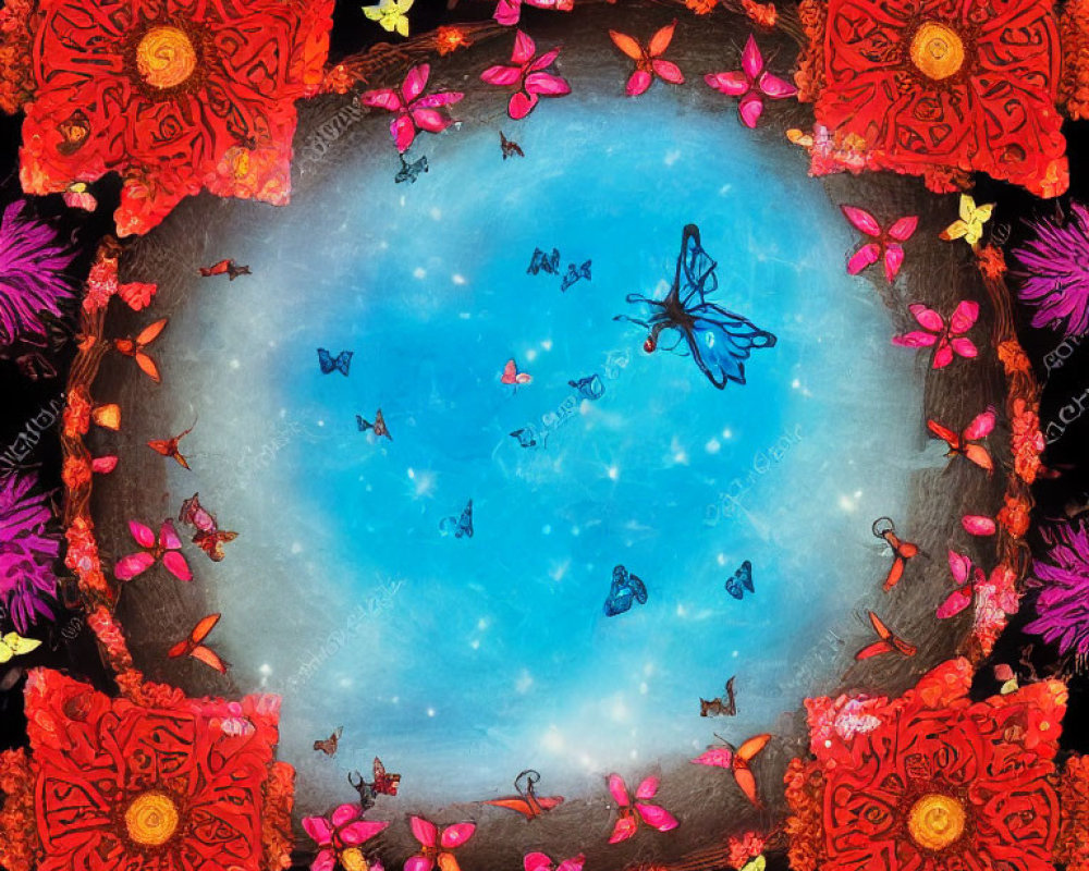 Colorful Mandala with Butterflies and Flowers on Blue Background