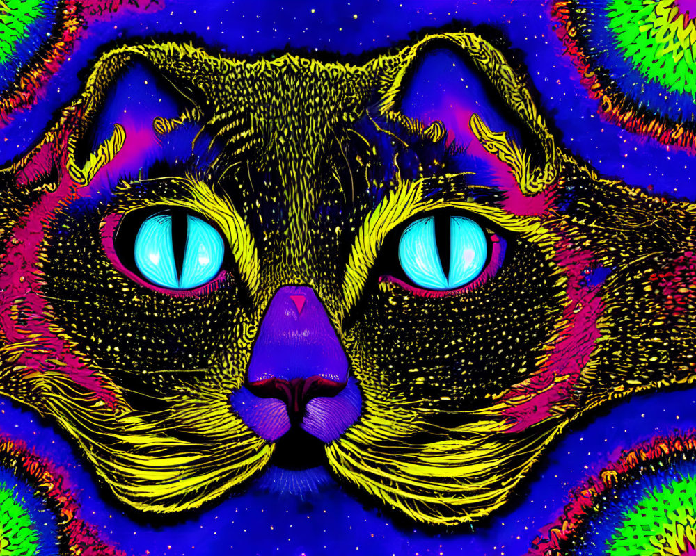 Colorful Psychedelic Cat Face Illustration with Neon Colors and Intricate Patterns