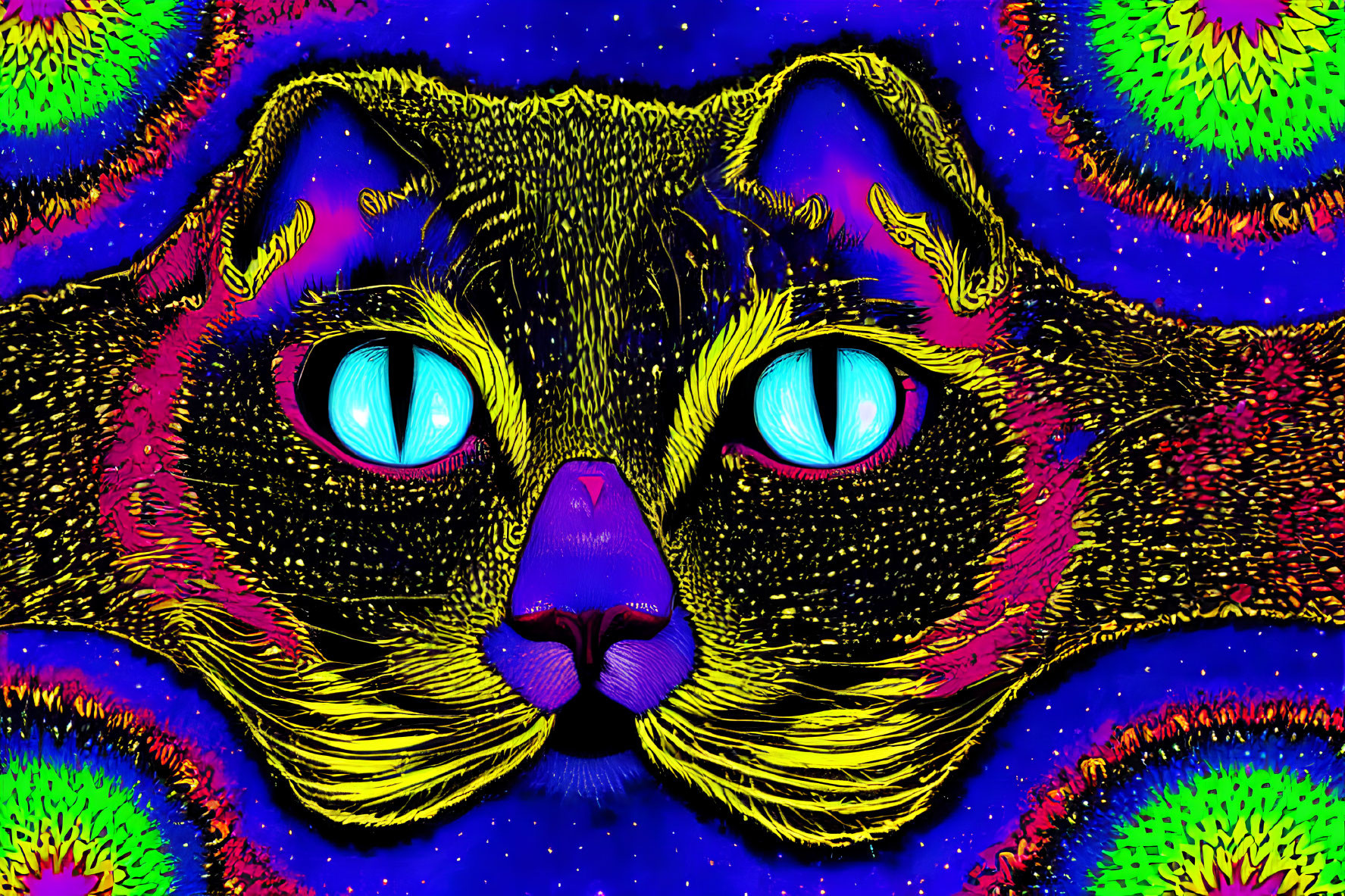 Colorful Psychedelic Cat Face Illustration with Neon Colors and Intricate Patterns