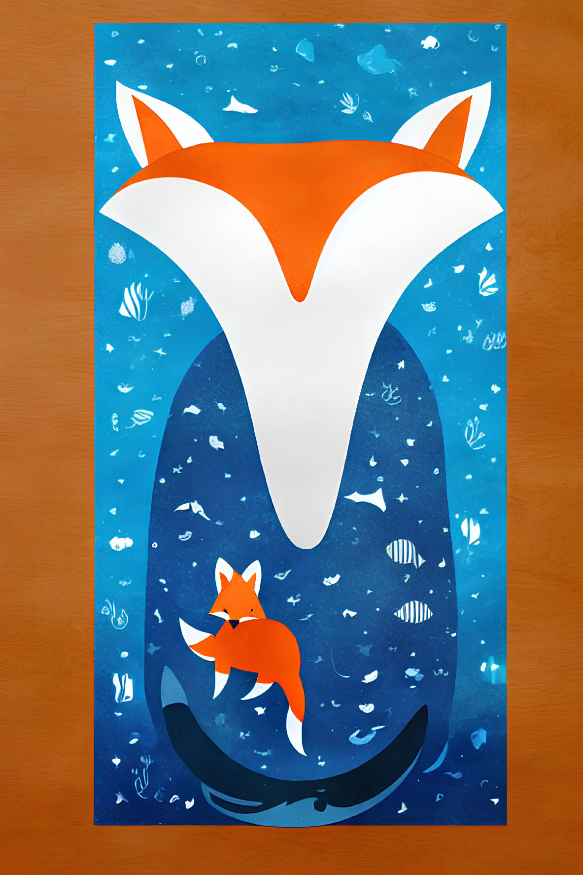 Stylized large and small fox illustration in blue and orange on aquatic-themed blue background