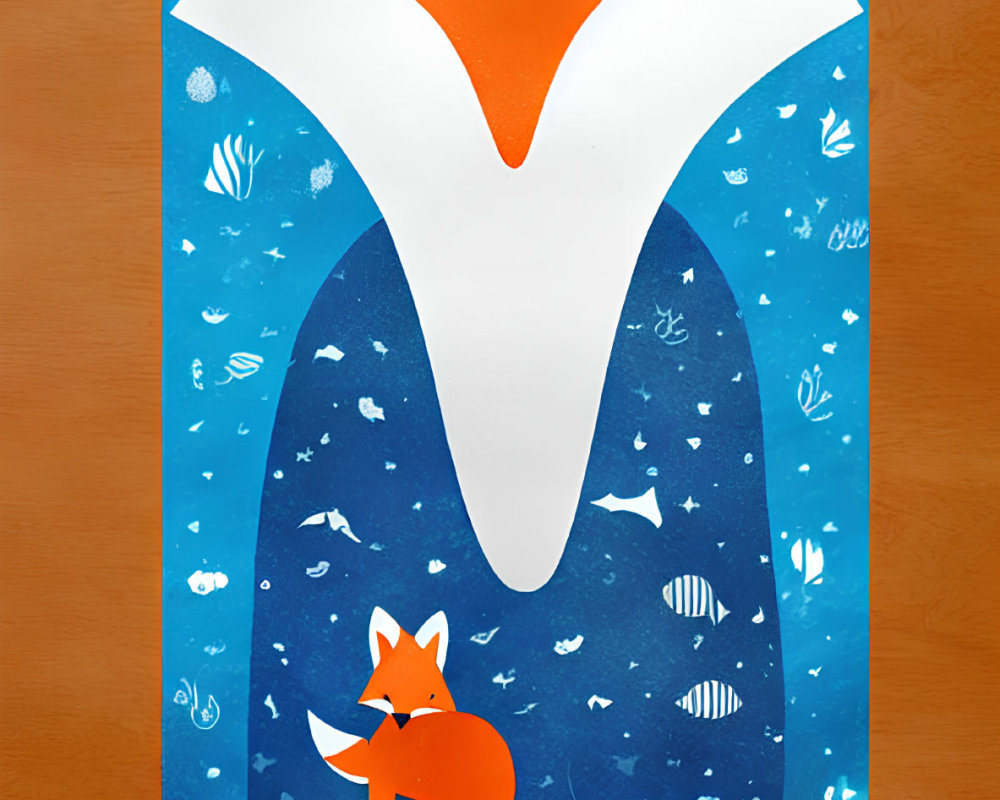 Stylized large and small fox illustration in blue and orange on aquatic-themed blue background