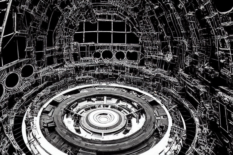 Abstract black and white circular structure with intricate mechanical details.