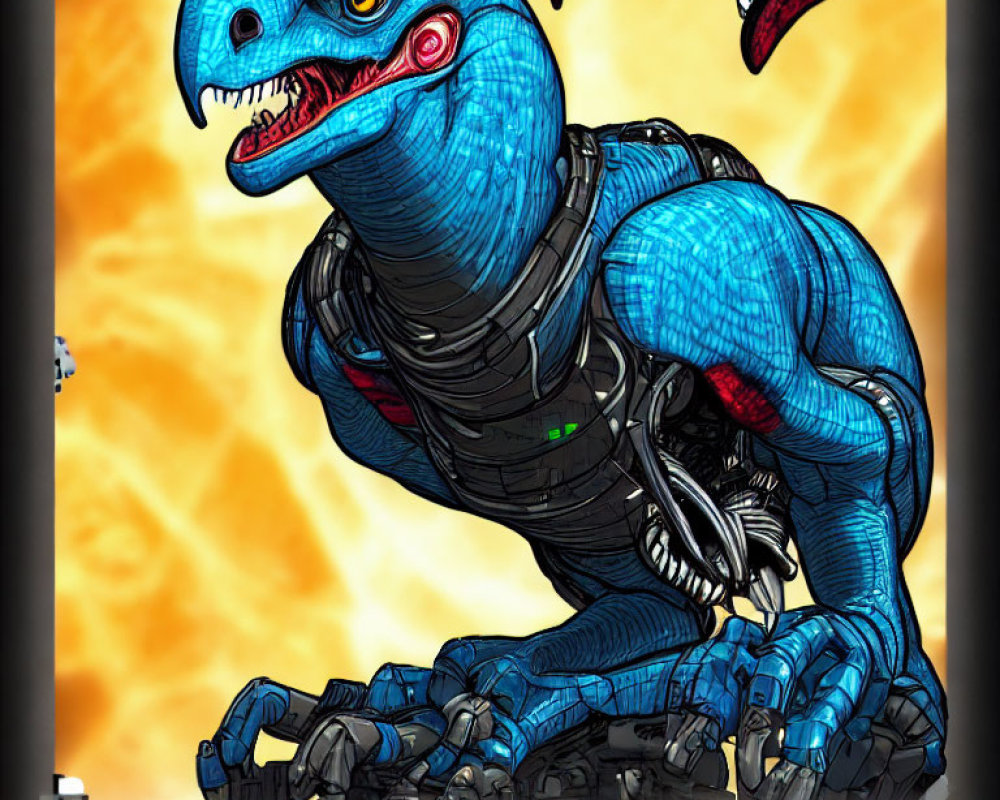 Blue Dinosaur-Like Creature with Cybernetic Enhancements on Fiery Background