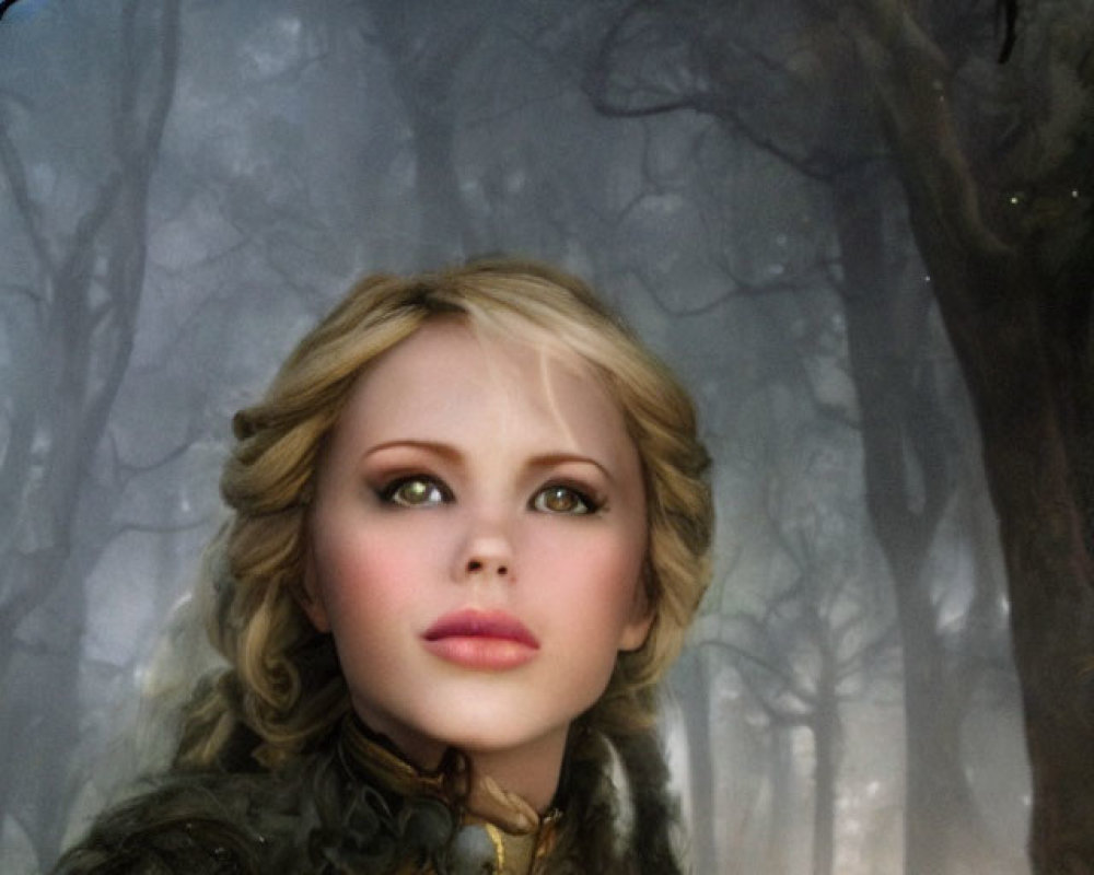 Blonde woman in medieval armor in foggy enchanted forest