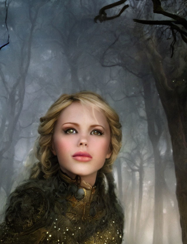 Blonde woman in medieval armor in foggy enchanted forest