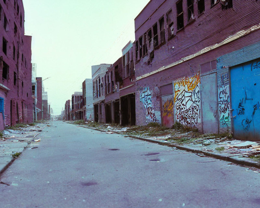 Abandoned urban street with graffiti and debris