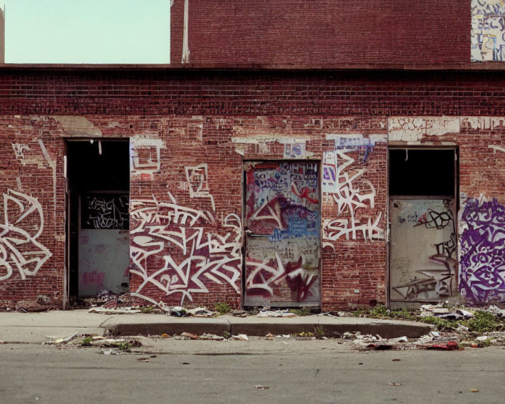 Abandoned building with graffiti walls and boarded doors