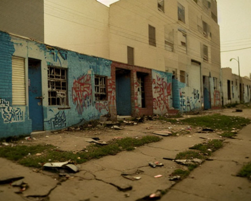 Graffiti-covered urban street scene with neglected atmosphere