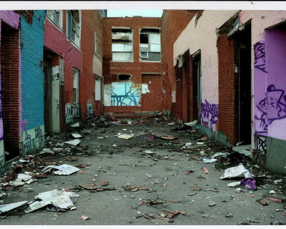 Graffiti-covered rundown alley with disheveled bricks