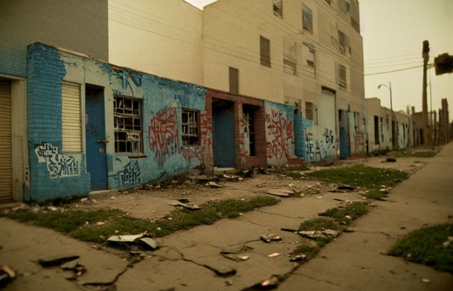 Graffiti-covered urban street scene with neglected atmosphere