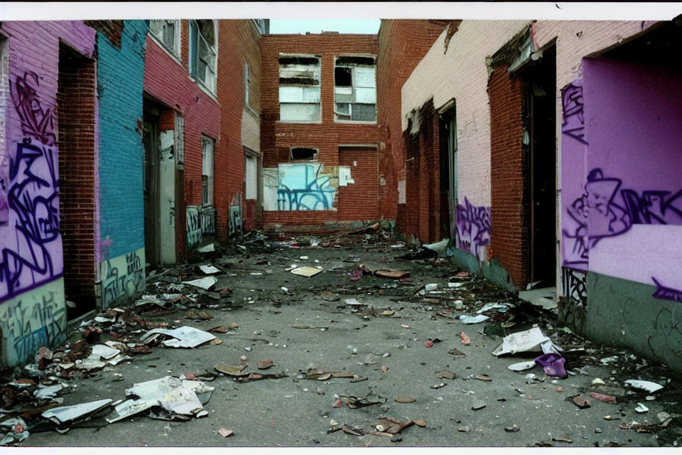 Graffiti-covered rundown alley with disheveled bricks