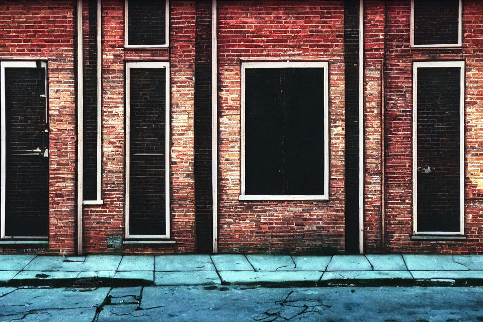 Weathered Red Brick Wall with Tall Black Shutters and Cracked Concrete Ground