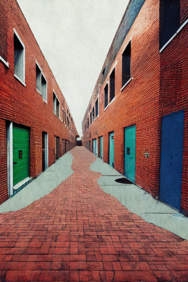 Symmetrical Narrow Street with Red Brick Buildings and Colorful Doors