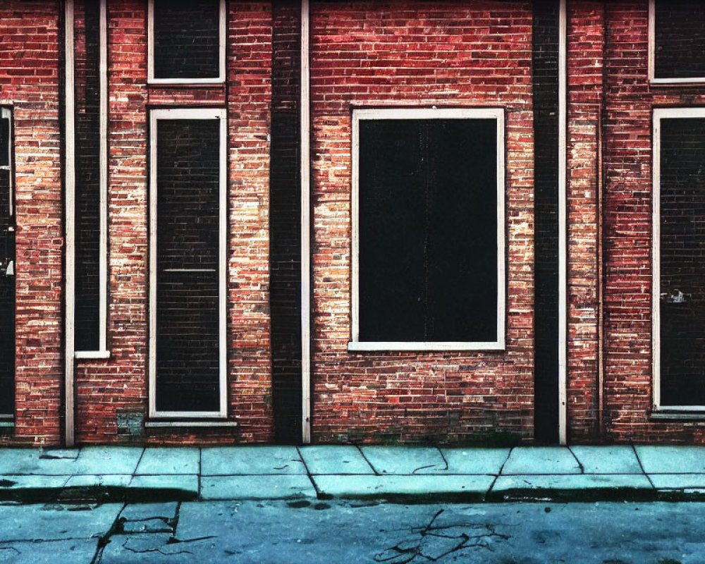 Weathered Red Brick Wall with Tall Black Shutters and Cracked Concrete Ground