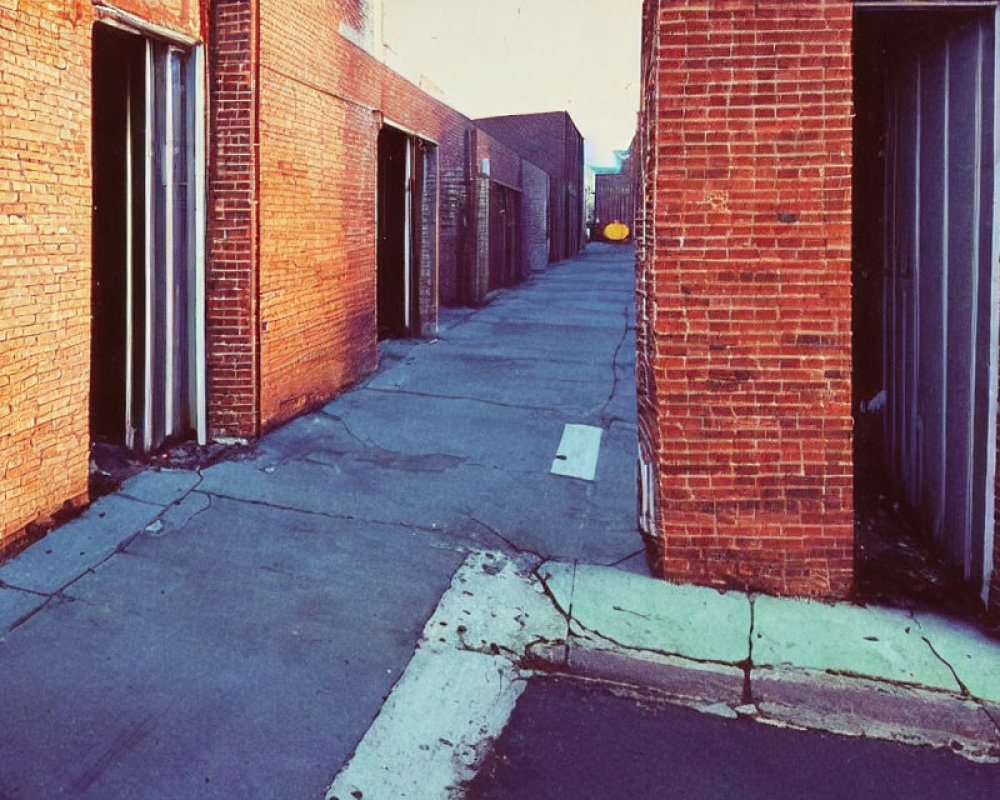 Red brick alley with clear sky and distant vehicles