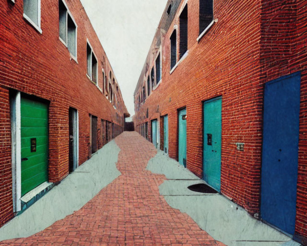 Symmetrical Narrow Street with Red Brick Buildings and Colorful Doors