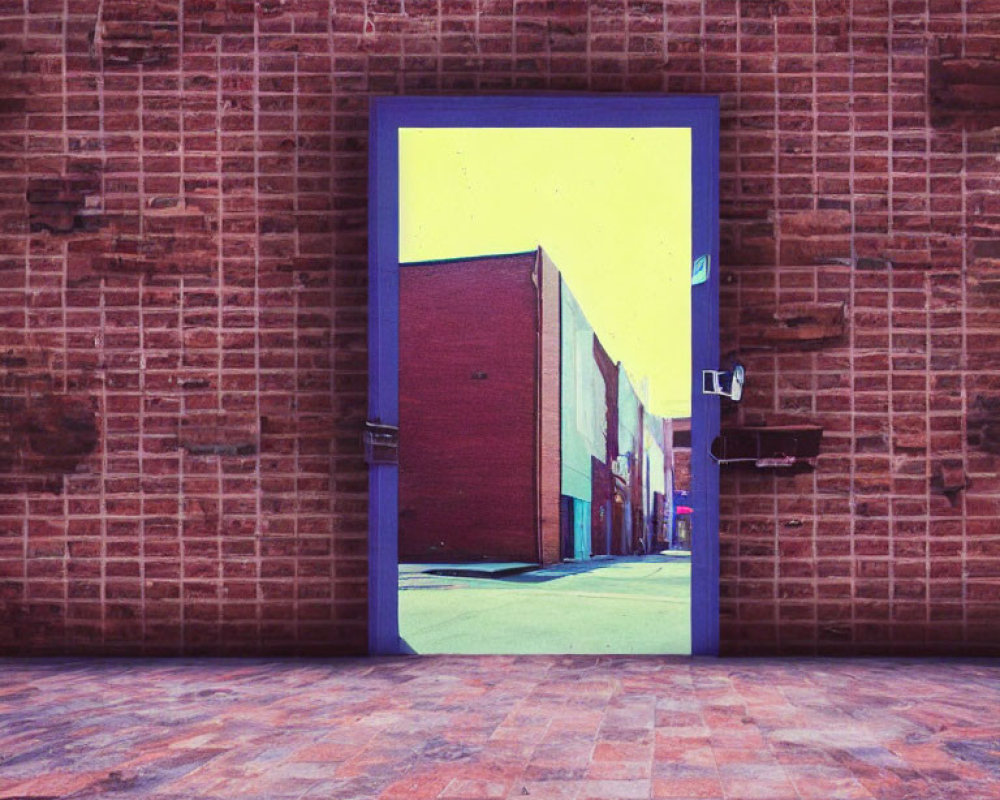 Blue Door Frame Leading to Yellow and Brick Alley with Rustic Red Brick Wall and Patterned Floor