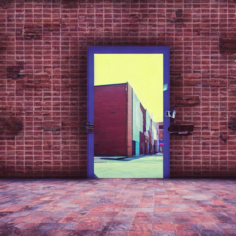 Blue Door Frame Leading to Yellow and Brick Alley with Rustic Red Brick Wall and Patterned Floor