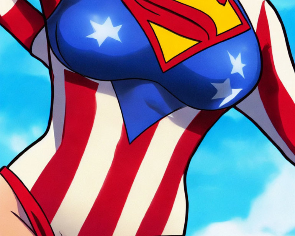 Cartoon character in Superman-themed swimsuit under sunny sky