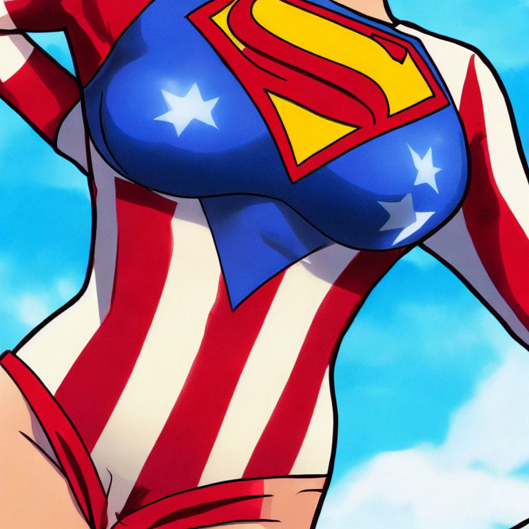 Cartoon character in Superman-themed swimsuit under sunny sky