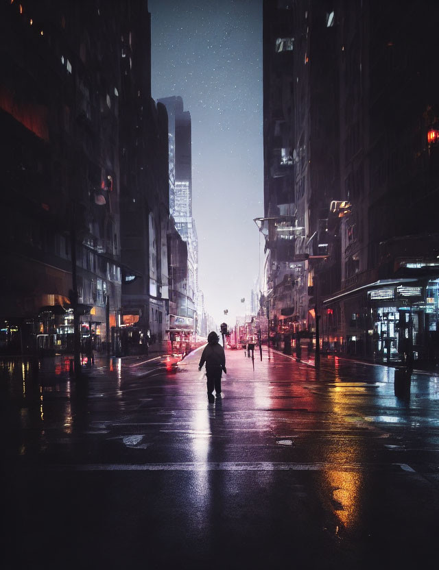 Person crossing wet urban street at night under glowing city lights