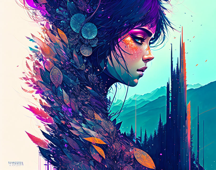 Vibrant digital artwork: Woman in feathered cloak with blue, pink, and purple tones,