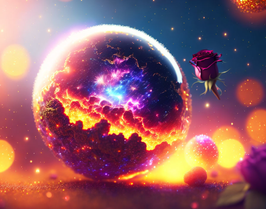 Vibrant surreal scene with fiery sphere, floating roses, and glowing orbs