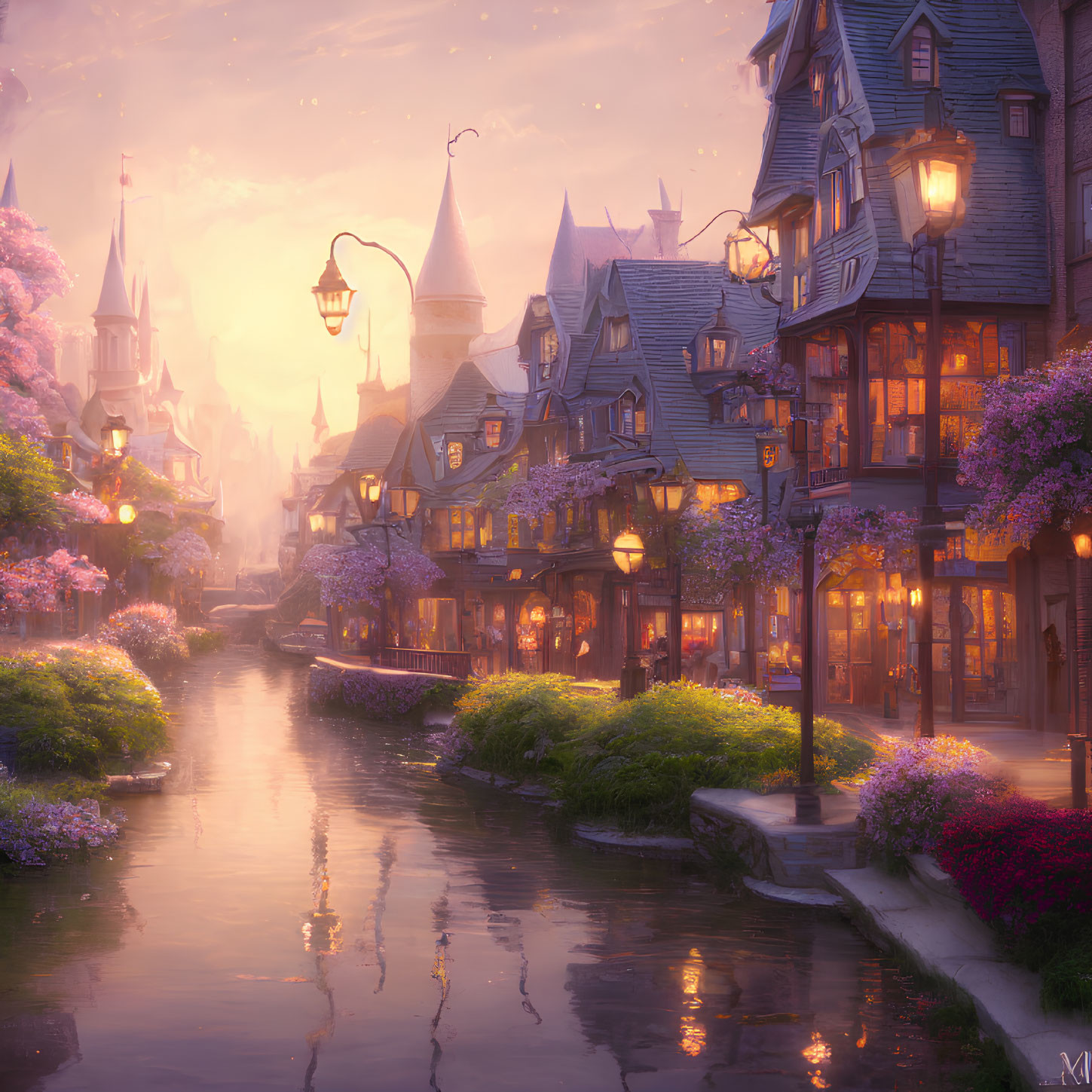 Enchanting fairytale village at twilight with glowing lanterns