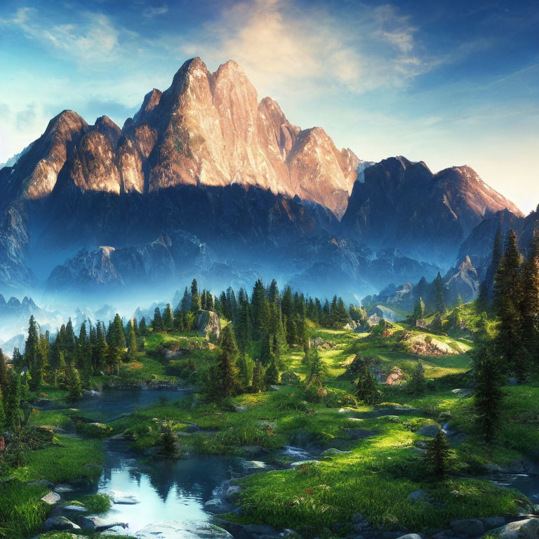 Sunlit Peaks of Majestic Mountain Range with Verdant Valleys, Serene Rivers, and L