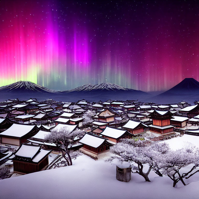 Night sky with vibrant aurora over snow-covered village and Mount Fuji.