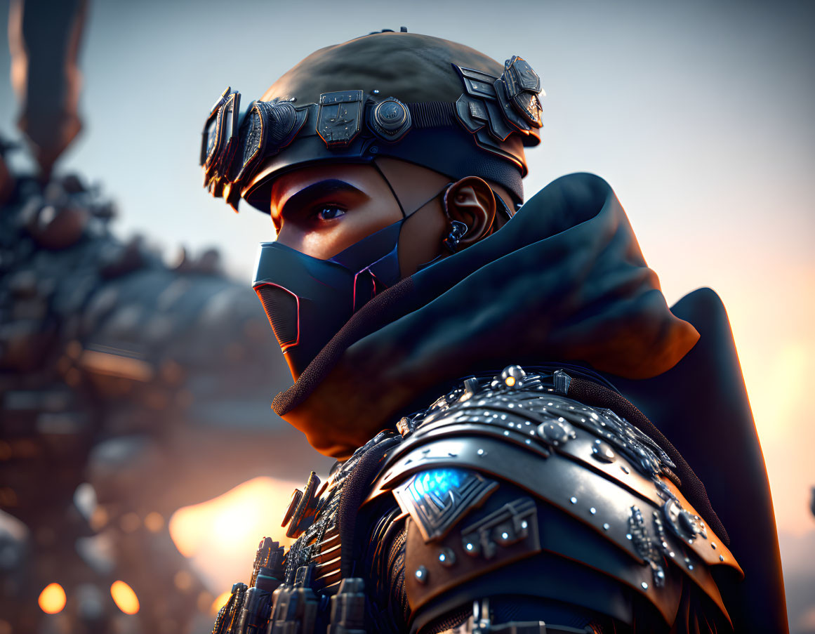 Futuristic armored character with glowing elements against orange sky