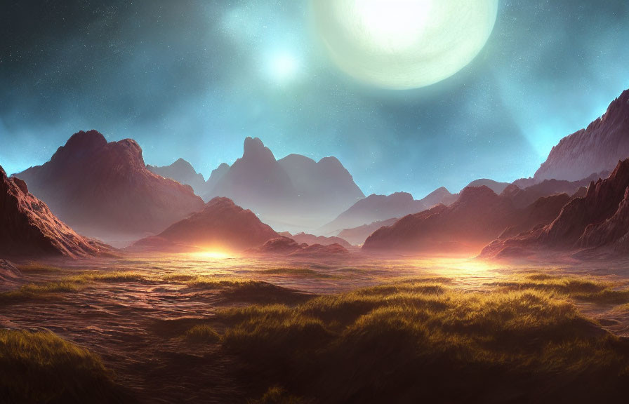 Alien landscape featuring rocky mountains, grassy plains, starry sky, and large moon