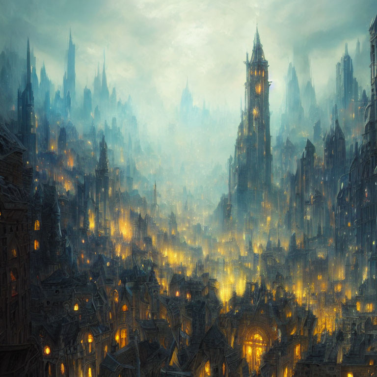 Mysterious Fantasy Cityscape with Illuminated Buildings at Twilight