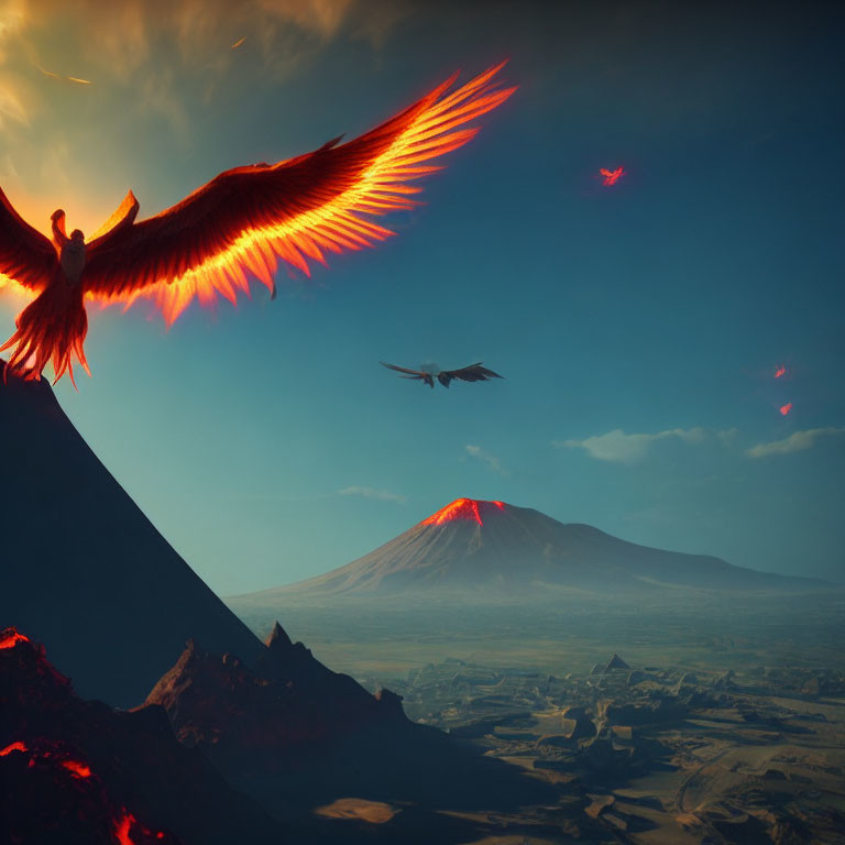 Fiery-winged creature flying over volcanic landscape with village below