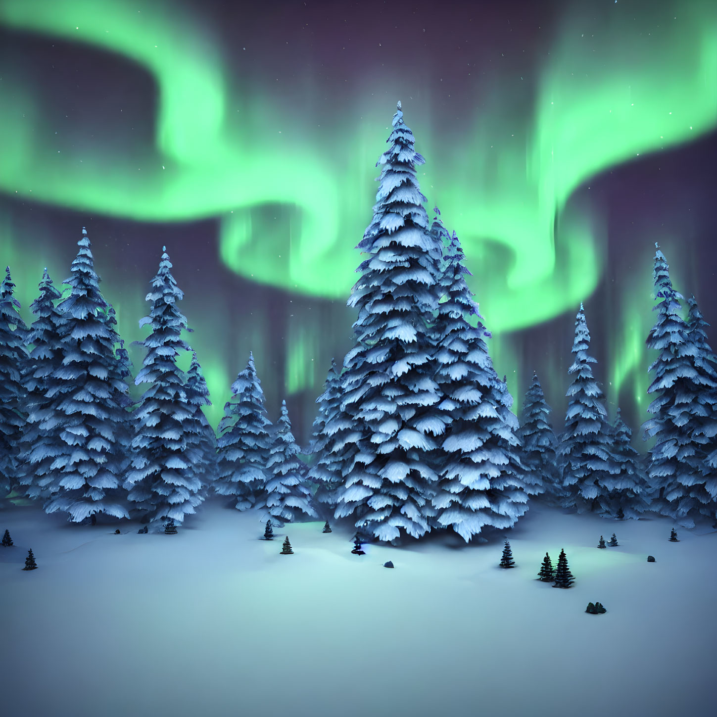 Winter scene: Snow-covered pine trees under green aurora borealis