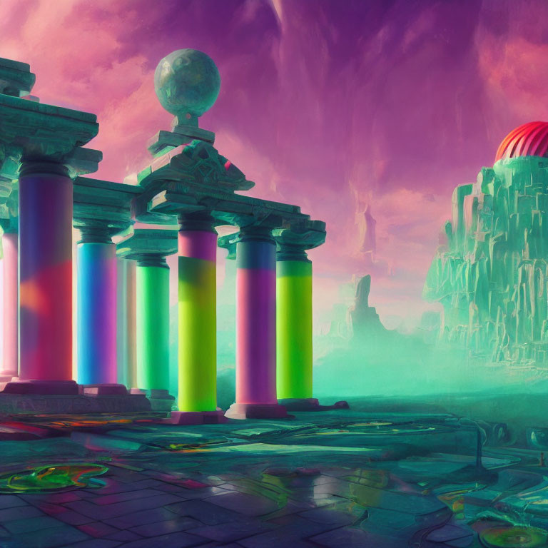 Neon-colored pillars in vibrant fantasy landscape